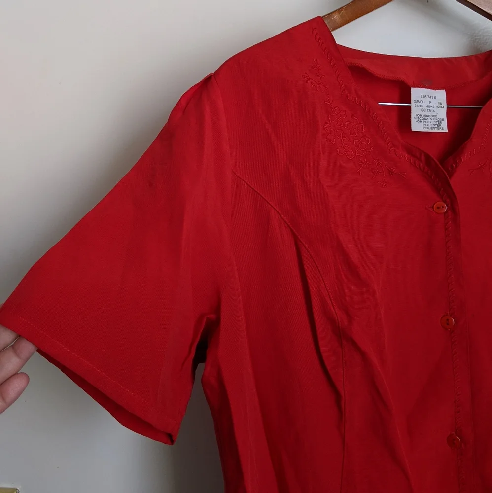 Vintage Red Embroidered Short Sleeve Button Down Blouse - Picture 11 of 16